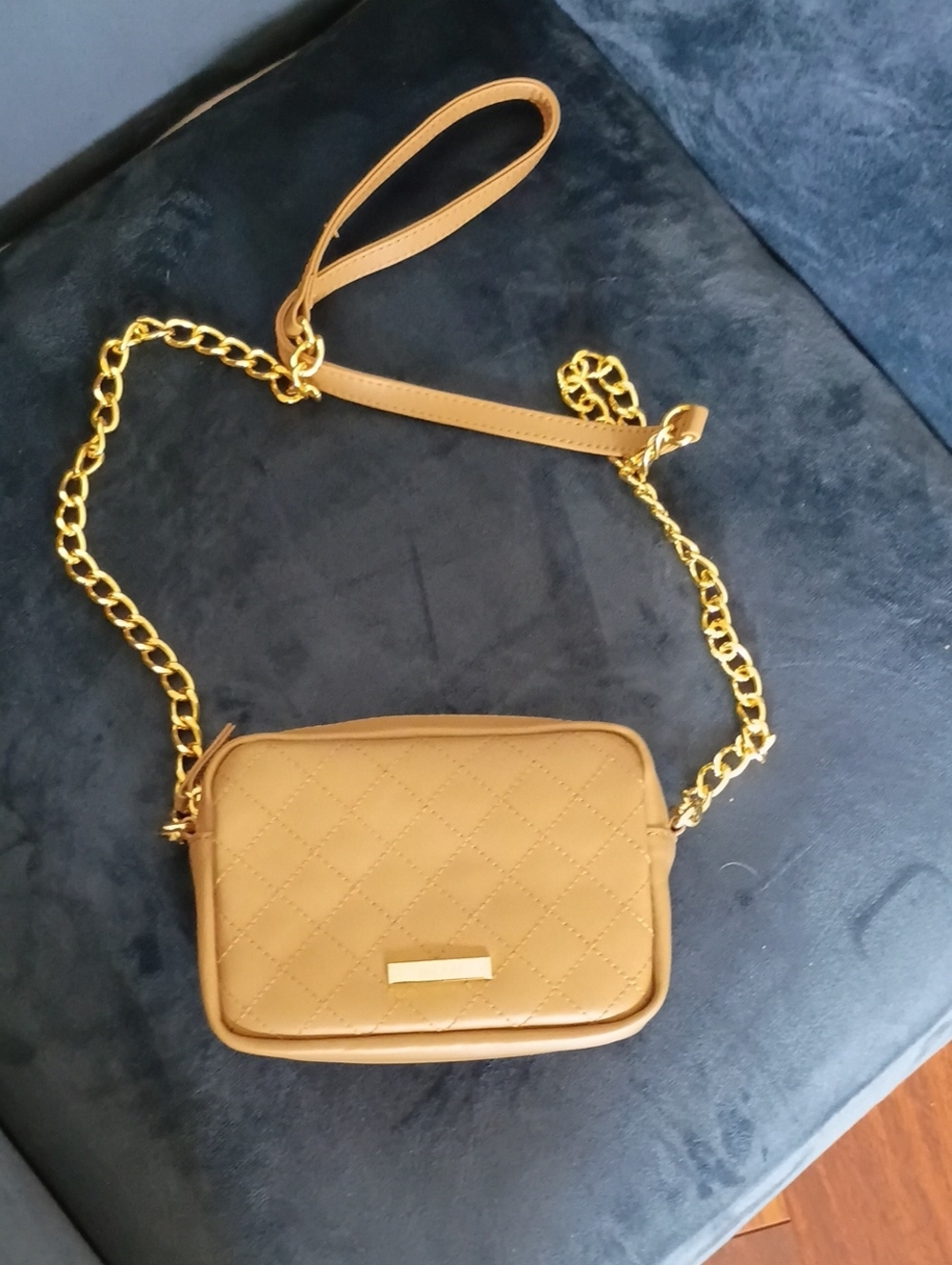 IMAN Quilted Tan Crossbody with Gold Chain Strap